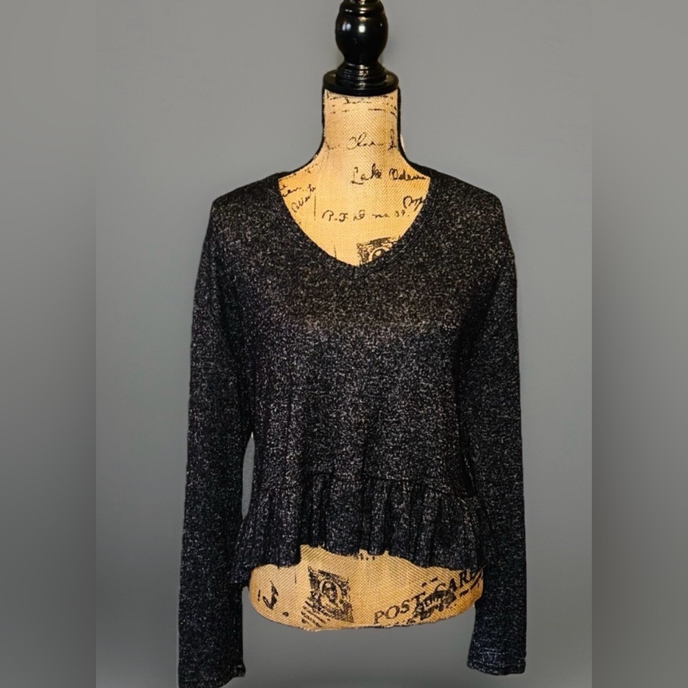 Olivia Rae Womens Black Marbled Long Sleeve Blouse With Ruffle Sz L